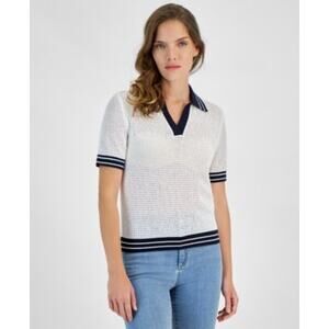 Nautica Jeans Women's Johnny-Collar Short Sleeve Top in Bright White